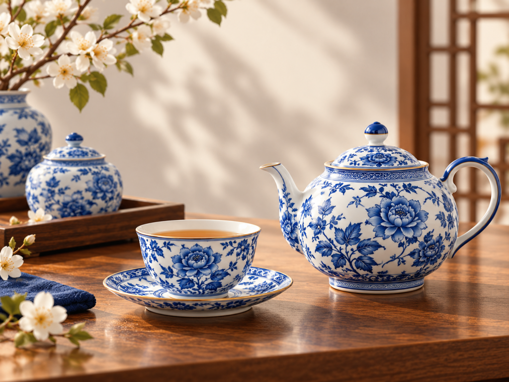青花瓷茶具与白梅静物